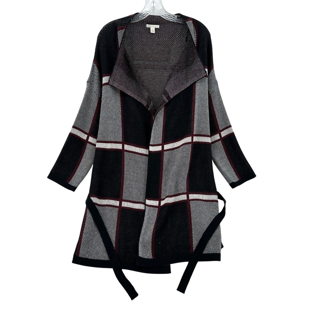 Cato Women L Duster Cardigan Plaid Knit Open Front Belted Black Gray Warm Cozy